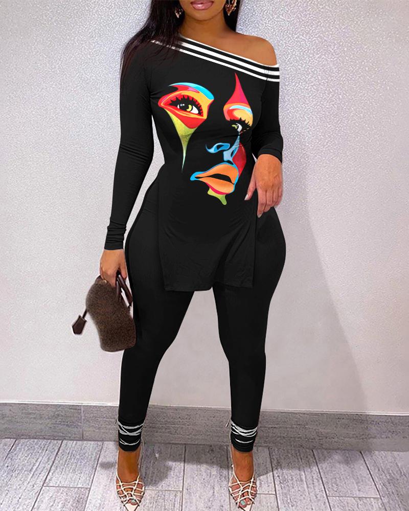

Figure Print Split Hem Long Sleeve Top & Pants Set, Black