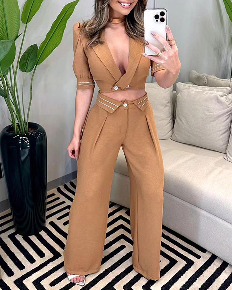 

Striped Shawl Collar Puff Sleeve Blazer Coat & Pants Set, Brown