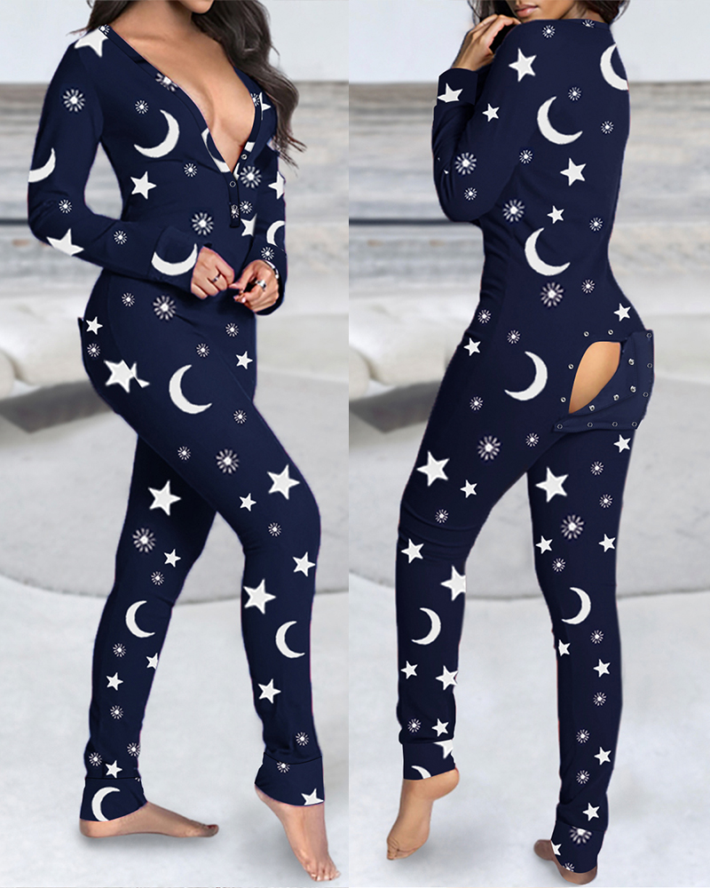 

Star Moon Print V Neck Long Sleeve Jumpsuit Functional Buttoned Flap Adults Pajamas One Piece, Purplish blue