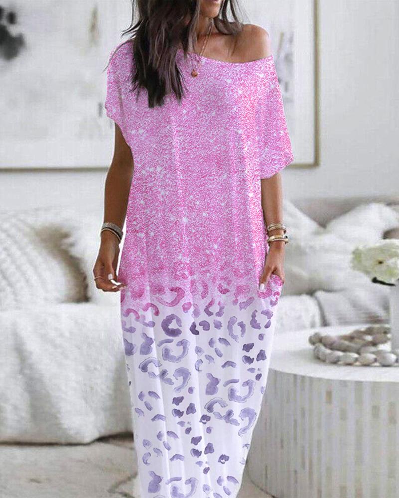 

Cheetah Print Short Sleeve Cold Shoulder Maxi Dress, Pink