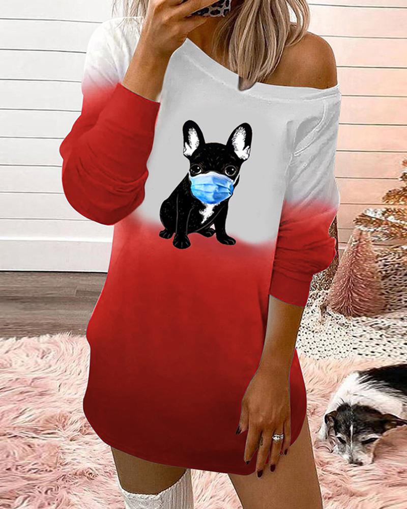 

Dog Print Colorblock Long Sleeve Top, Red