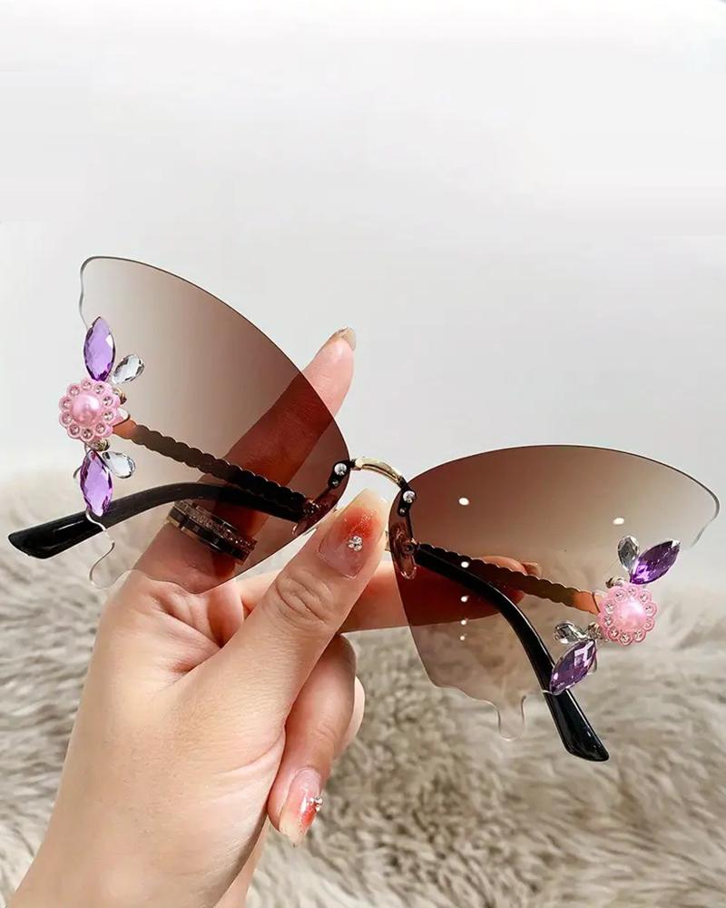 

1Pair Rhinestone Butterfly Shaped Rimless Sunglasses, Brown