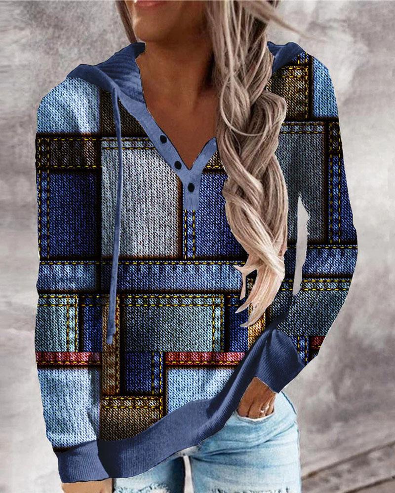 

Denim Look Print Button Front Long Sleeve Hoodie, Blue