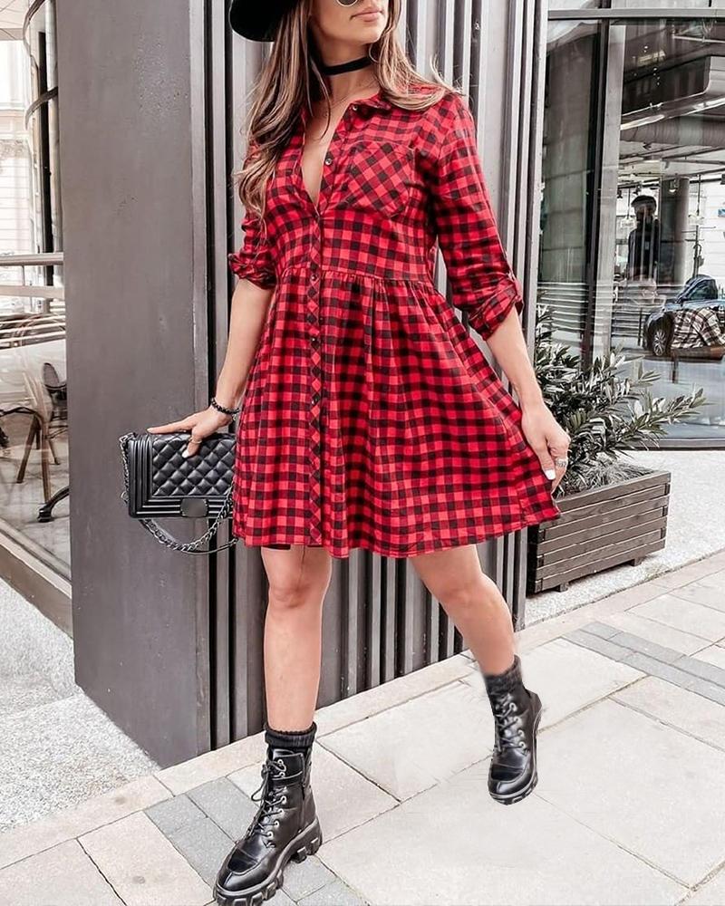 

Plaid Print Roll Up Sleeve Button Front Shirt Dress, Red