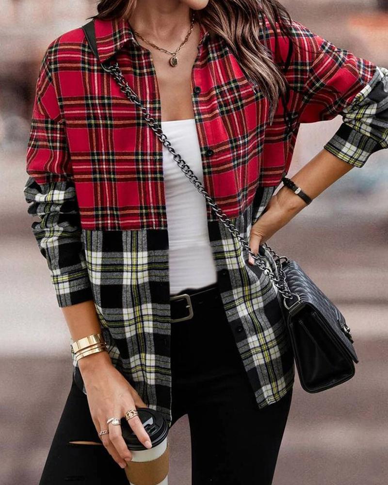 

Colorblock Plaid Print Long Sleeve Button Down Shirt, Red