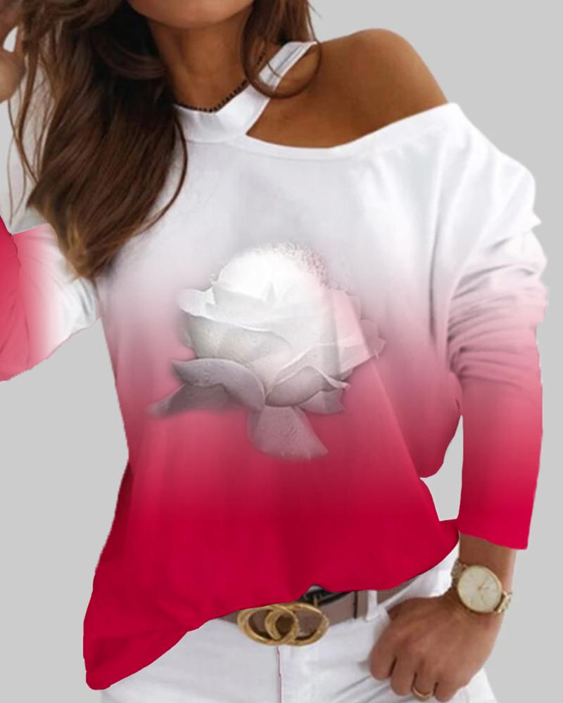 

Cold Shoulder Floral Print Gradient Color Top, Red