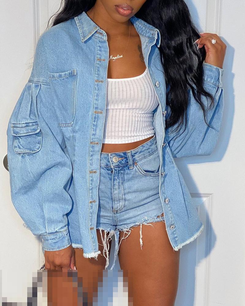 

Buttoned Pocket Design Long Sleeve Denim Coat, Blue