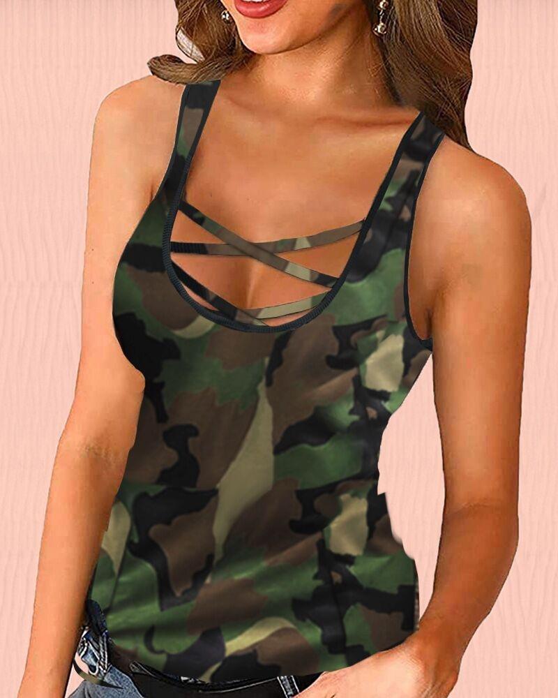 

Camouflage Print Bandage Sleeveless Top, Green