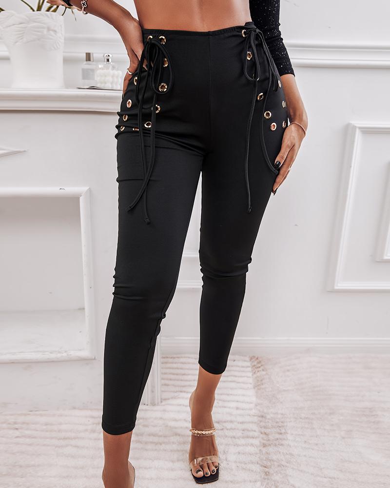 

High Waist Eyelet Lace-up Tied Detail Skinny Pants, Black
