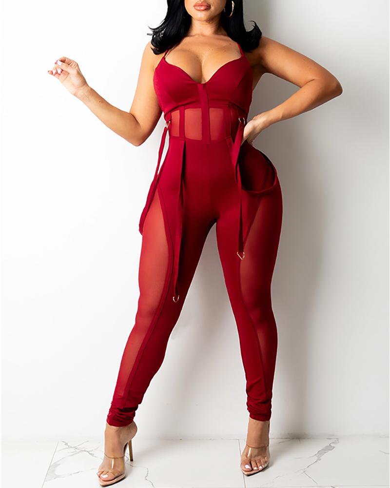 

Sheer Mesh Spaghetti Strap Skinny Jumpsuit, Wine red