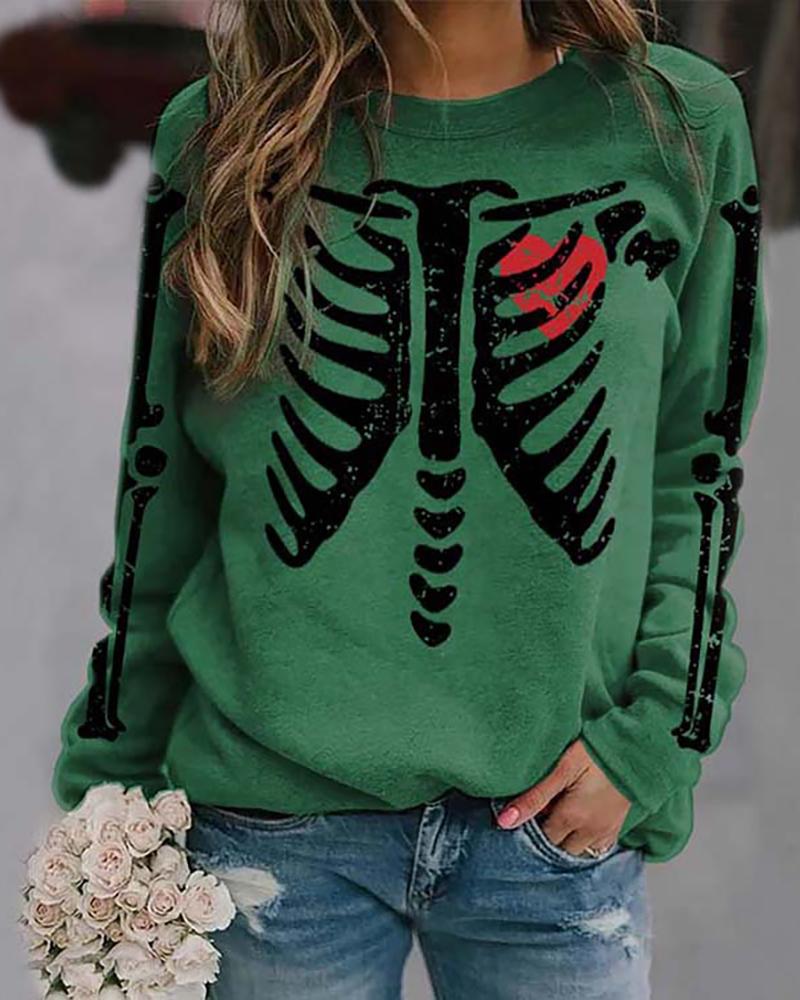 

Halloween Skeleton Print O-Neck Top, Green