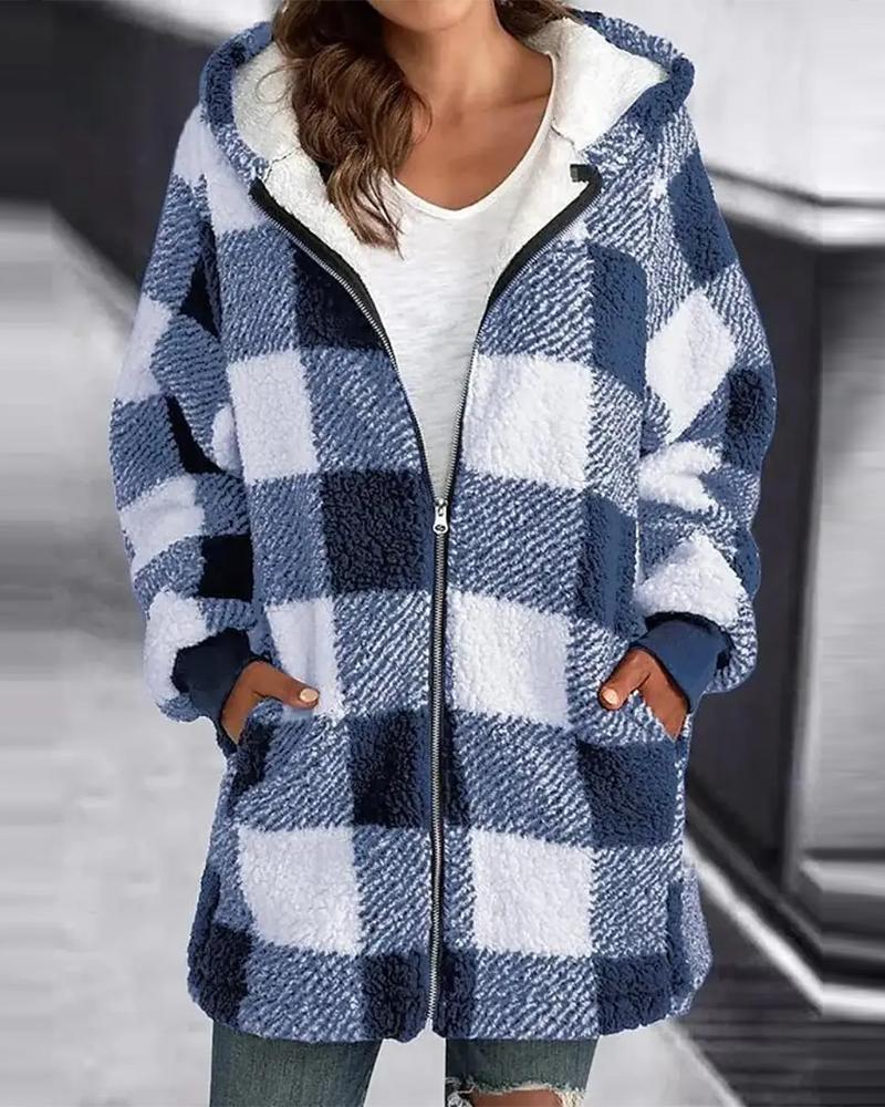 

Plaid Print Zipper Pocket Design Lined Hooded Coat, Blue
