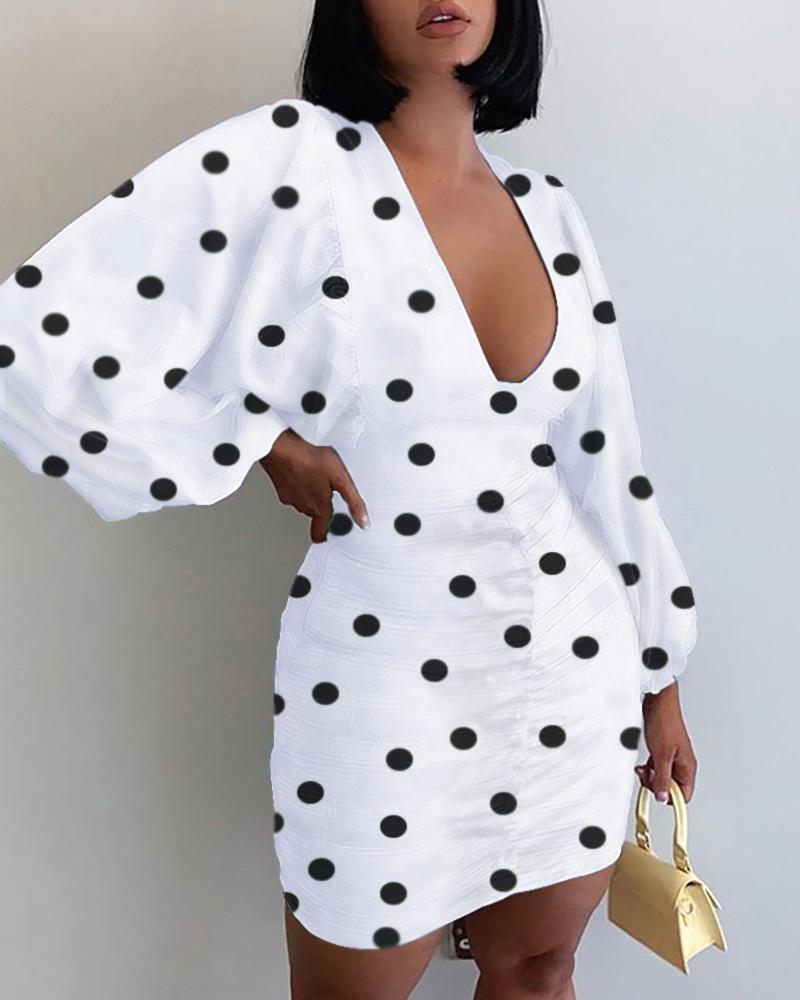 

Polkadot Print Lantern Sleeve Ruched Dress, Black&white
