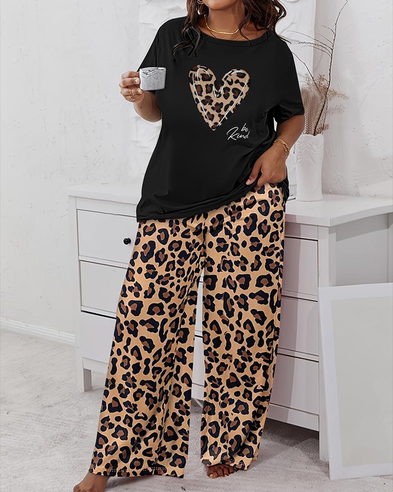 

Plus Size Heart Letter Leopard Print Wide Leg Pajamas Set, Black