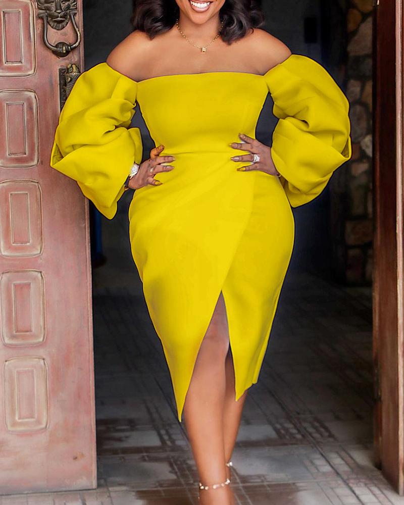 

Off Shoulder Puff Sleeve Ruched Evening Dress, Yellow