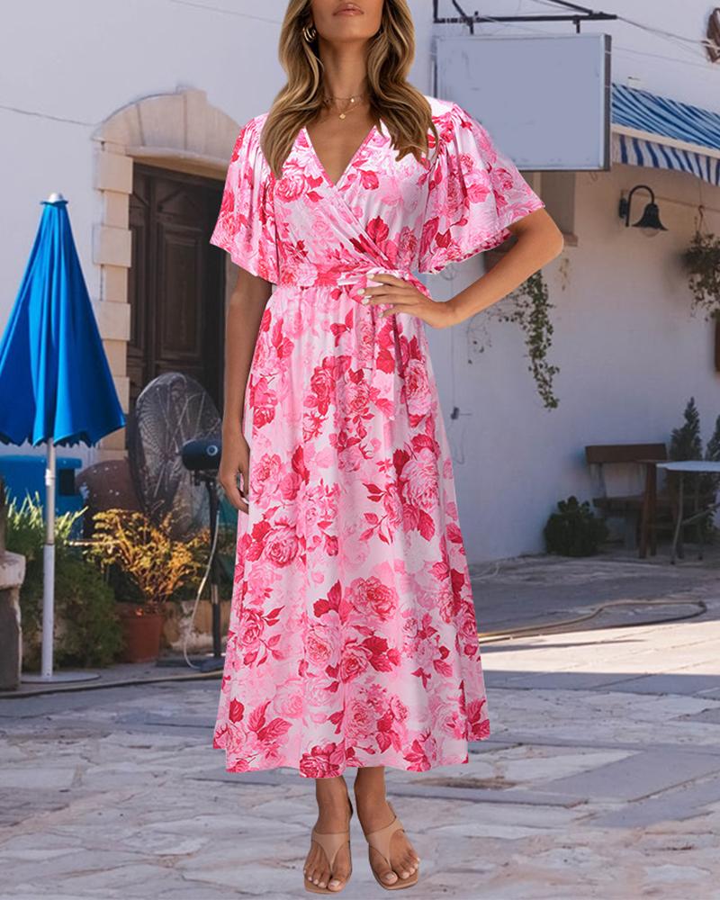 

Floral Print Tied Detail Short Sleeve Maxi Dress, Pink
