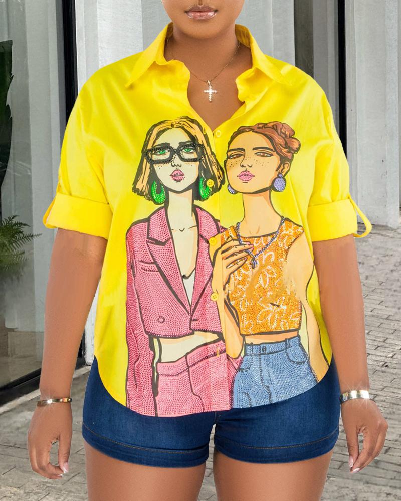 

Plus Size Figure Print Buttoned Shirt, Yellow