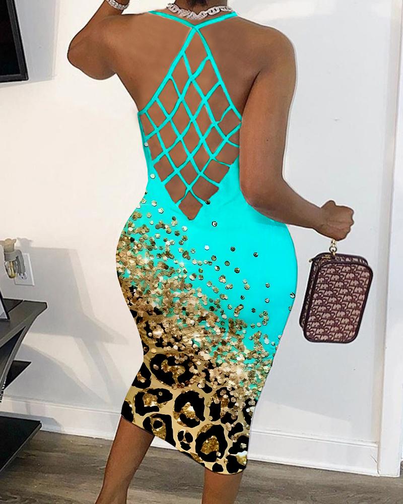 

Contrast Leopard Print Fishnet Backless Bodycon Dress, Turquoise blue