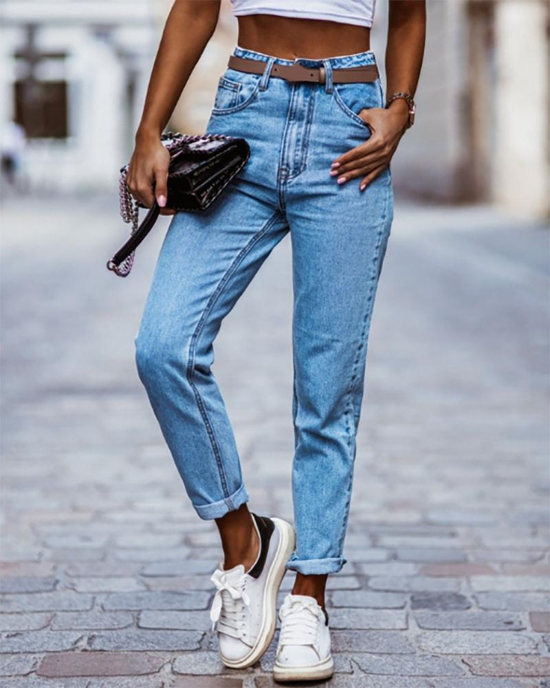 

Skinny Pocket Design High Waist Jeans, Blue