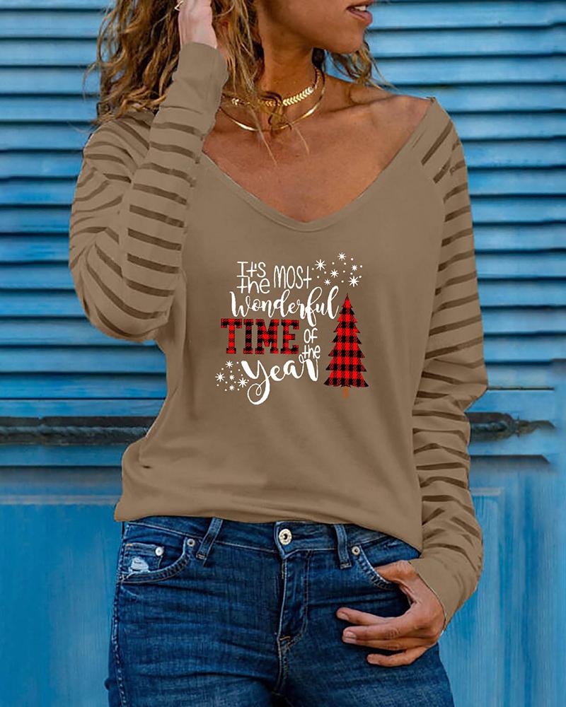 

Christmas Plaid Tree Letter Print Long Sleeve Top, Khaki