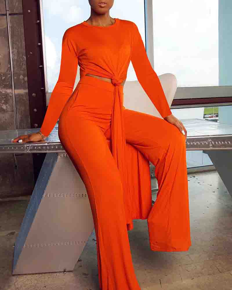 

High Slit Longline Top & Pocket Design Pants Set, Orange