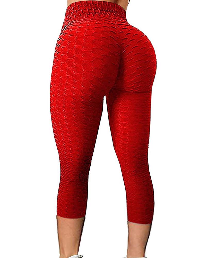 

High Waisted Textured Tummy Control Butt Lifting Yoga Pants, Red