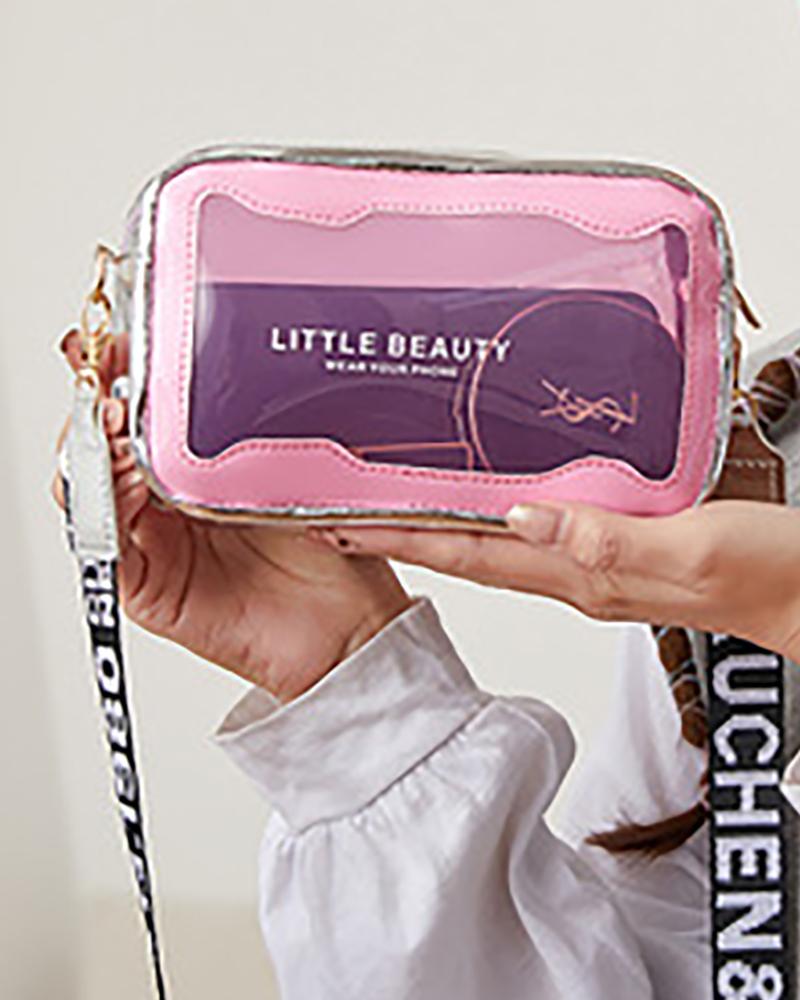 

Colorblock Letter Print Clear Crossbody Bag, Pink