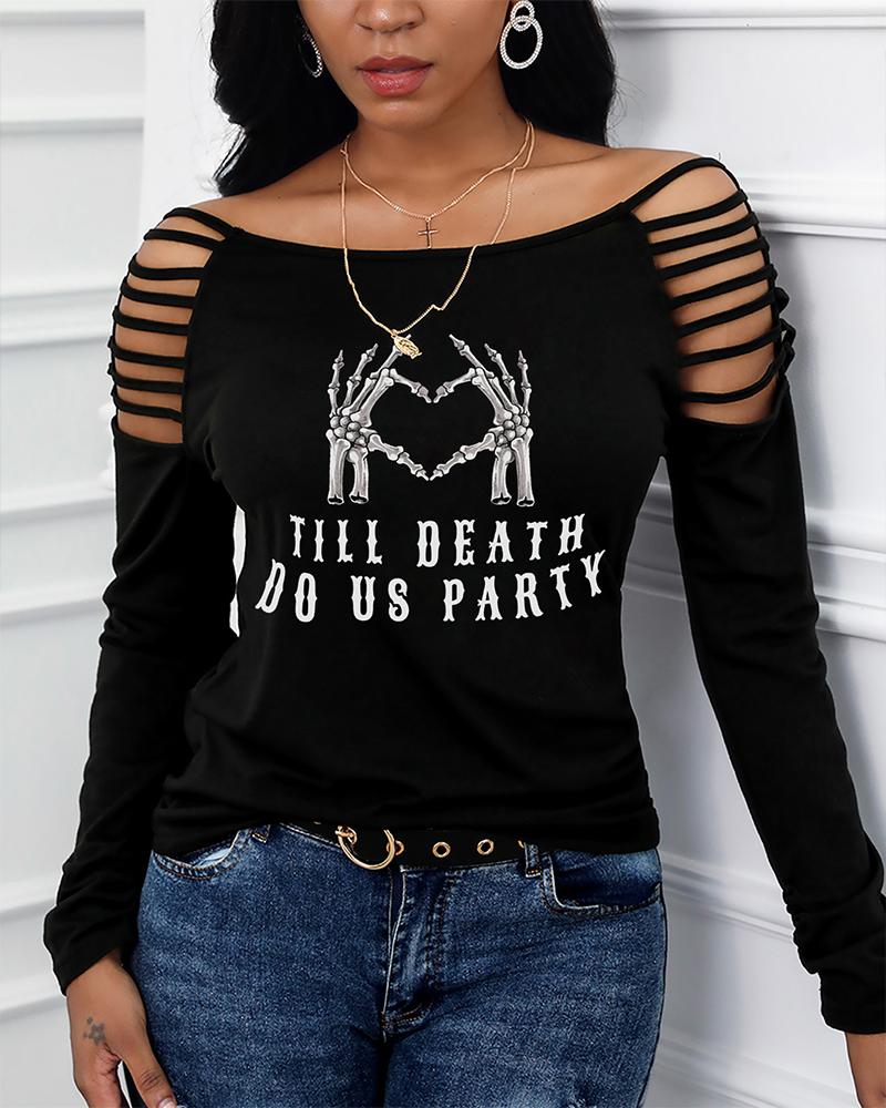 

Ladder Cutout Halloween Letter Print Top, Black