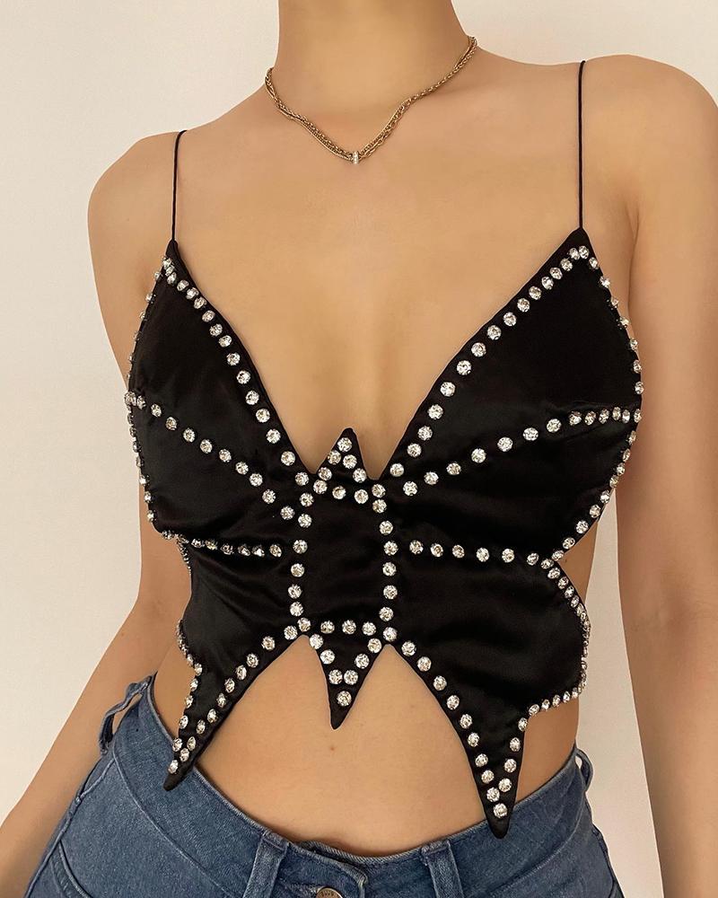 

Rhinestone Butterfly Pattern Backless Crop Top, Black