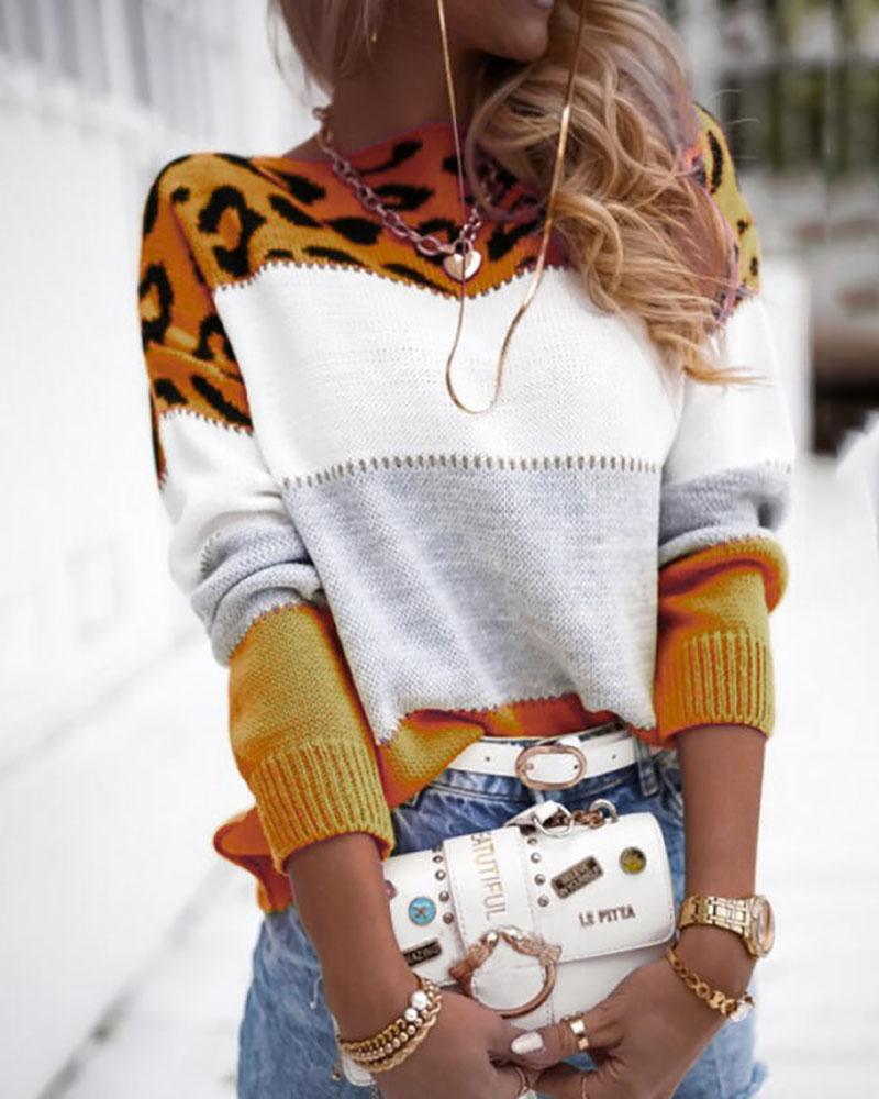 

Cheetah Print Colorblock Long Sleeve Sweater, Yellow