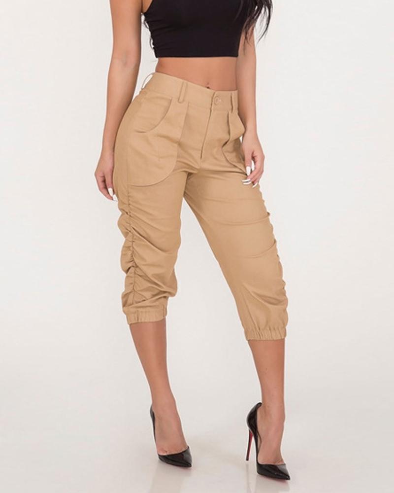 

Pocket Detail Ruched Capris Tapered Pants, Khaki