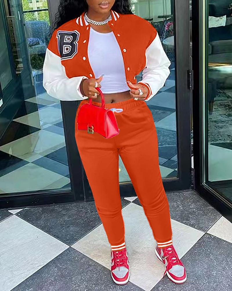 

Letter Print Colorblock Baseball Jacket & Drawstring Pants Set, Orange