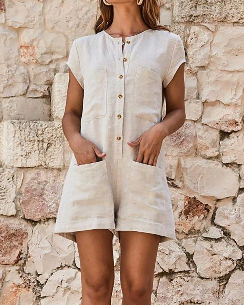 

Pocket Design Buttoned Cap Sleeve Romper, Beige