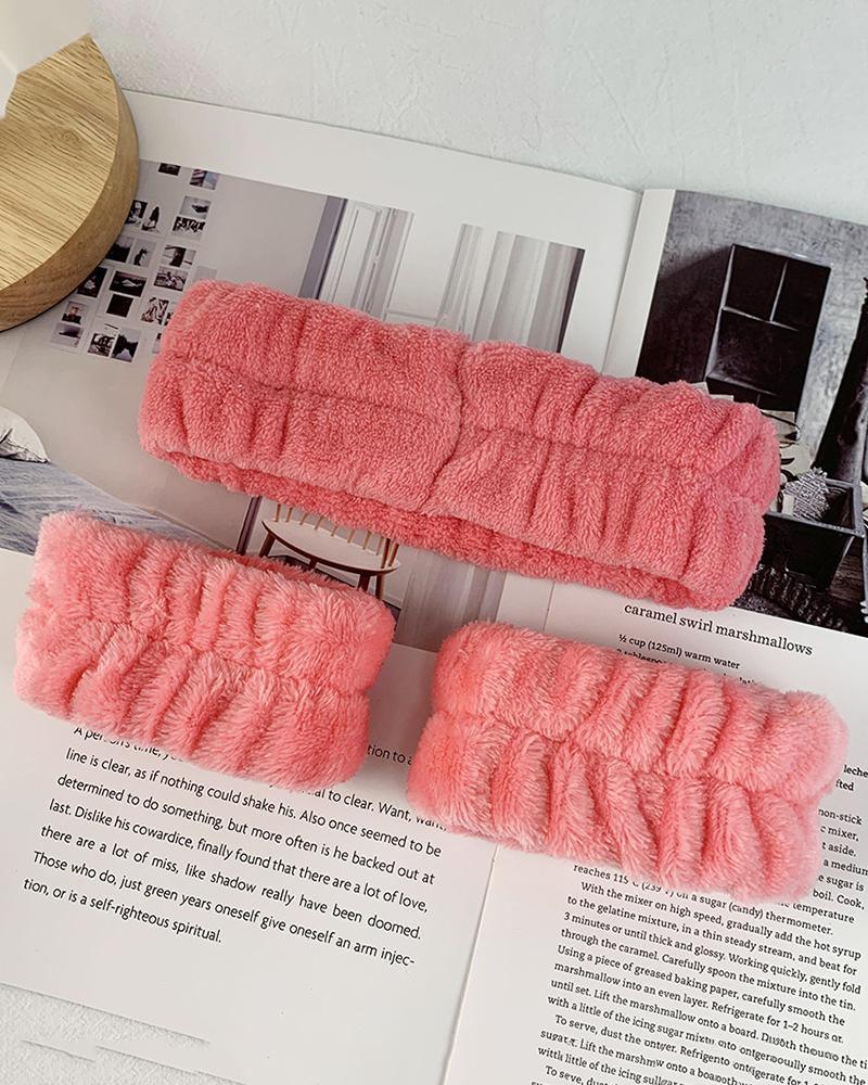 

3pcs Velvet Ruched Makeup Face Wash Headband With Wristband Set, Pink