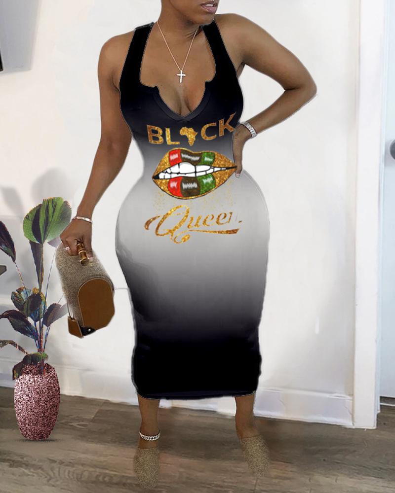 

Gradient Color Glitter Lip Pattern Dress, Black