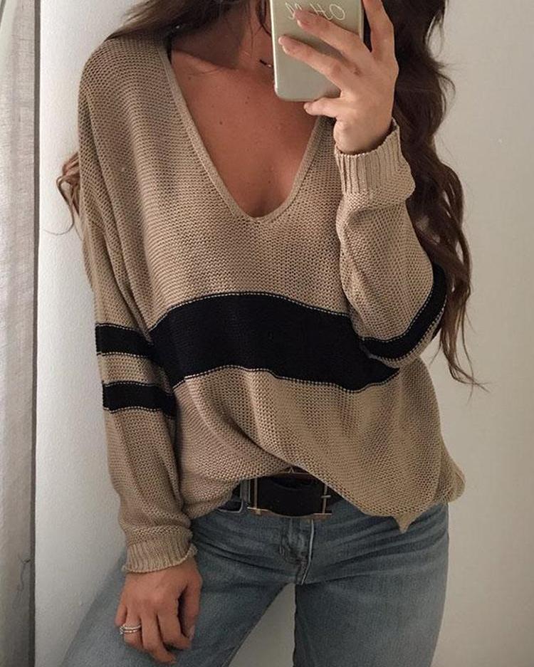 

Contrast Stripes Deep V Loose Sweater, Khaki