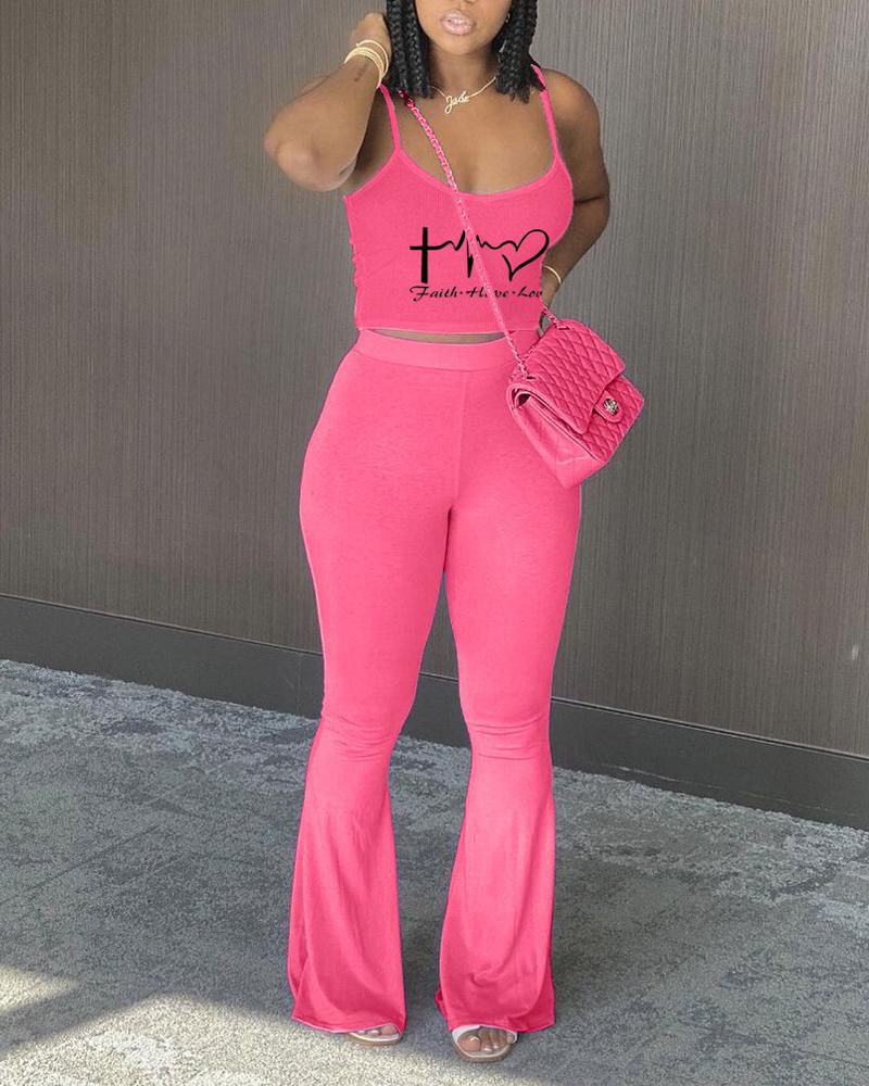 

Letter Heart Print Crop Cami Top & Bootcut Pants Set, Hot pink
