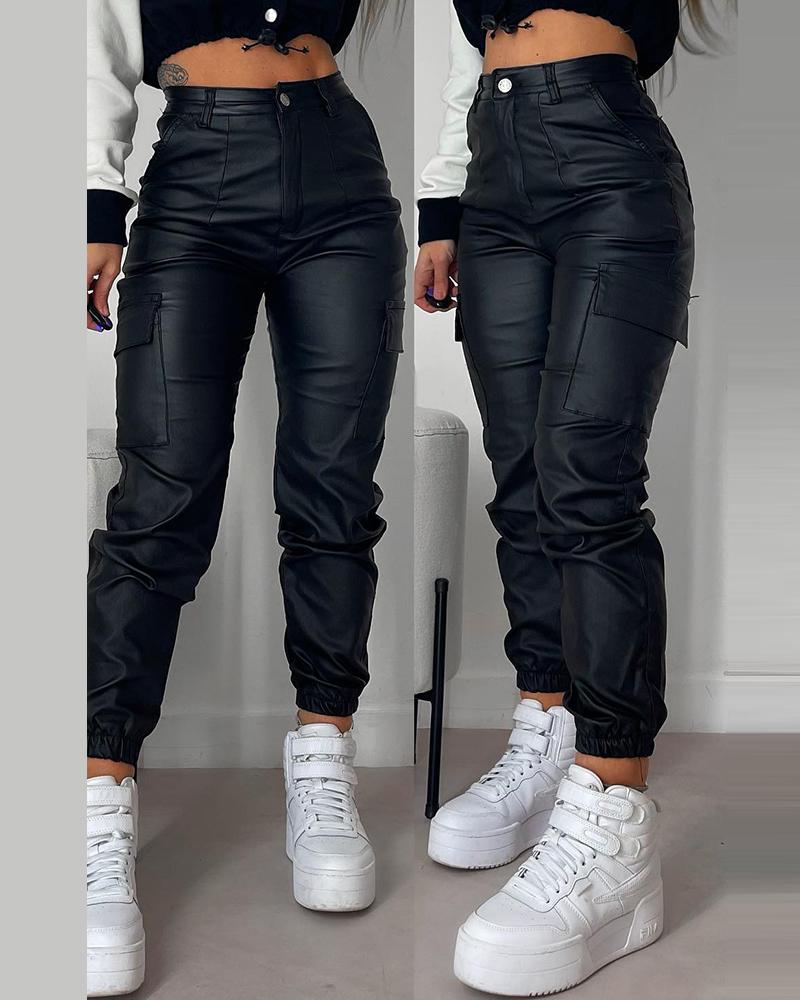 

Pantalon en cuir PU à revers avec poche, Black