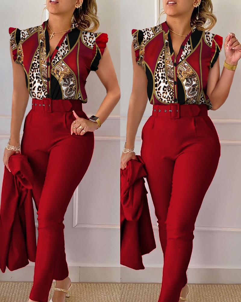 

Baroque Leopard Print Flutter Sleeve Top & Pants Set, Red