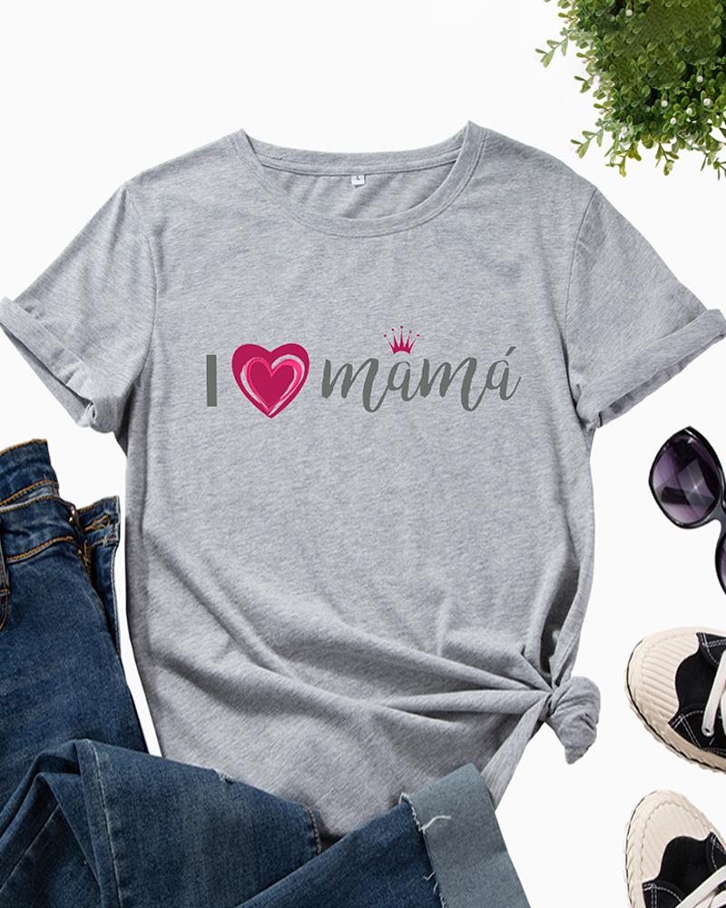 

Mother' Day Round Neck Letter Heart Print T-Shirt, Gray