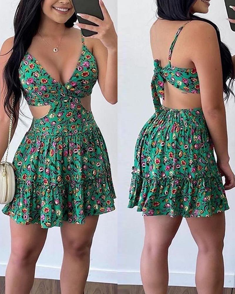 

Cutout Backless Ruffle Hem Floral Print Dress, Green