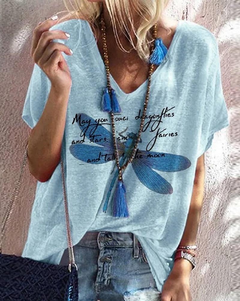 

Dragonfly Print V Neck T-Shirt, Light blue