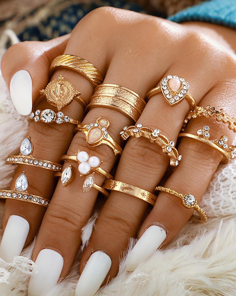 

15PCS Beaded Studded Rings Set, Gold