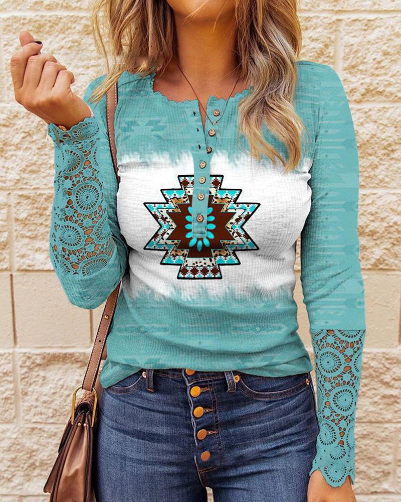 

Aztec Geometric Print Lace Patch Buttoned Top, Blue