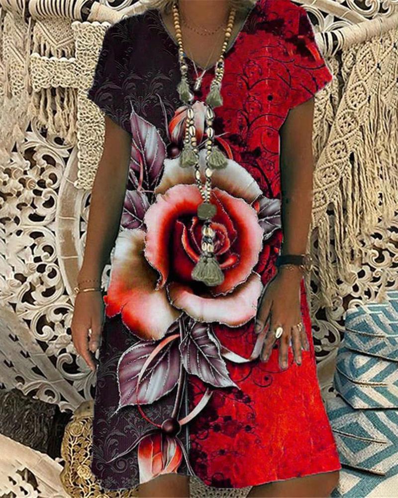 

Floral Print Shortsleeve V-neck Dress, Red