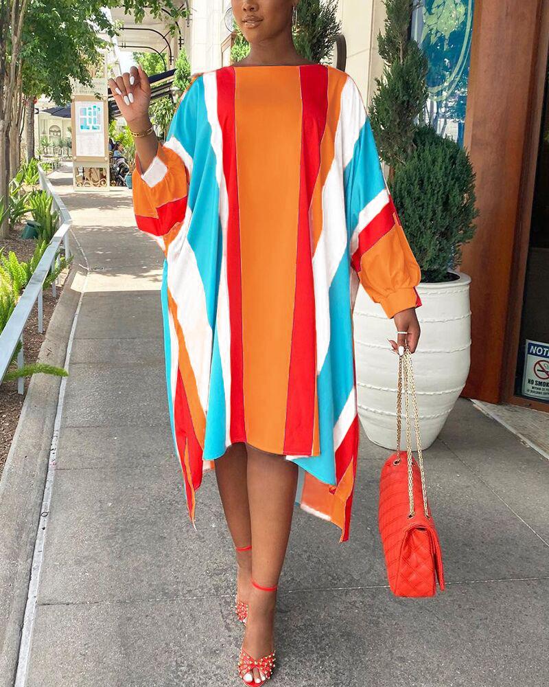 

Colorblock Striped Lantern Sleeve Asymmetrical Dress, Orange