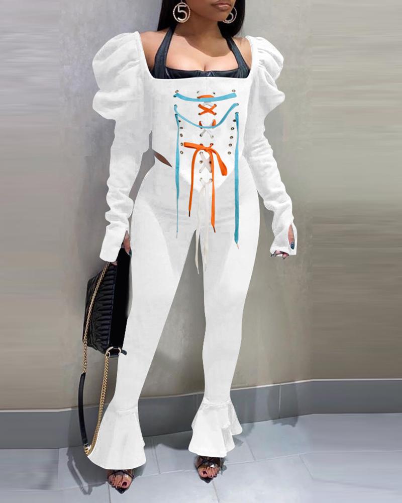 

Eyelet Lace-up Puffed Sleeve Top & Flared Leg Pants Set, White
