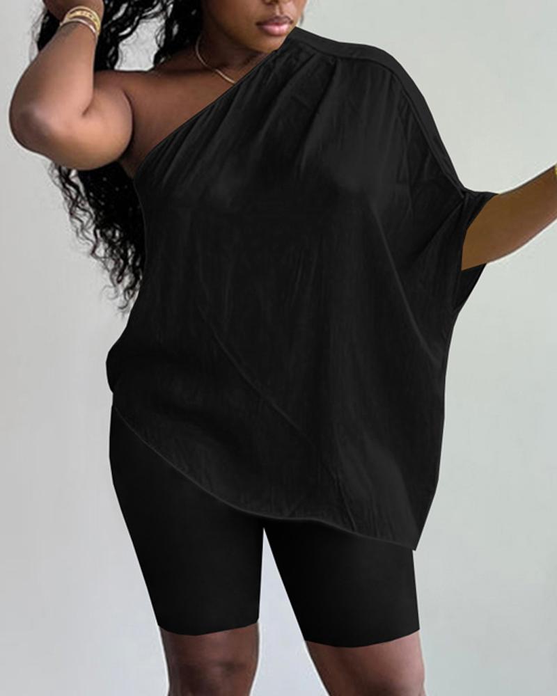 

One Shoulder Casual Top & Shorts Set, Black