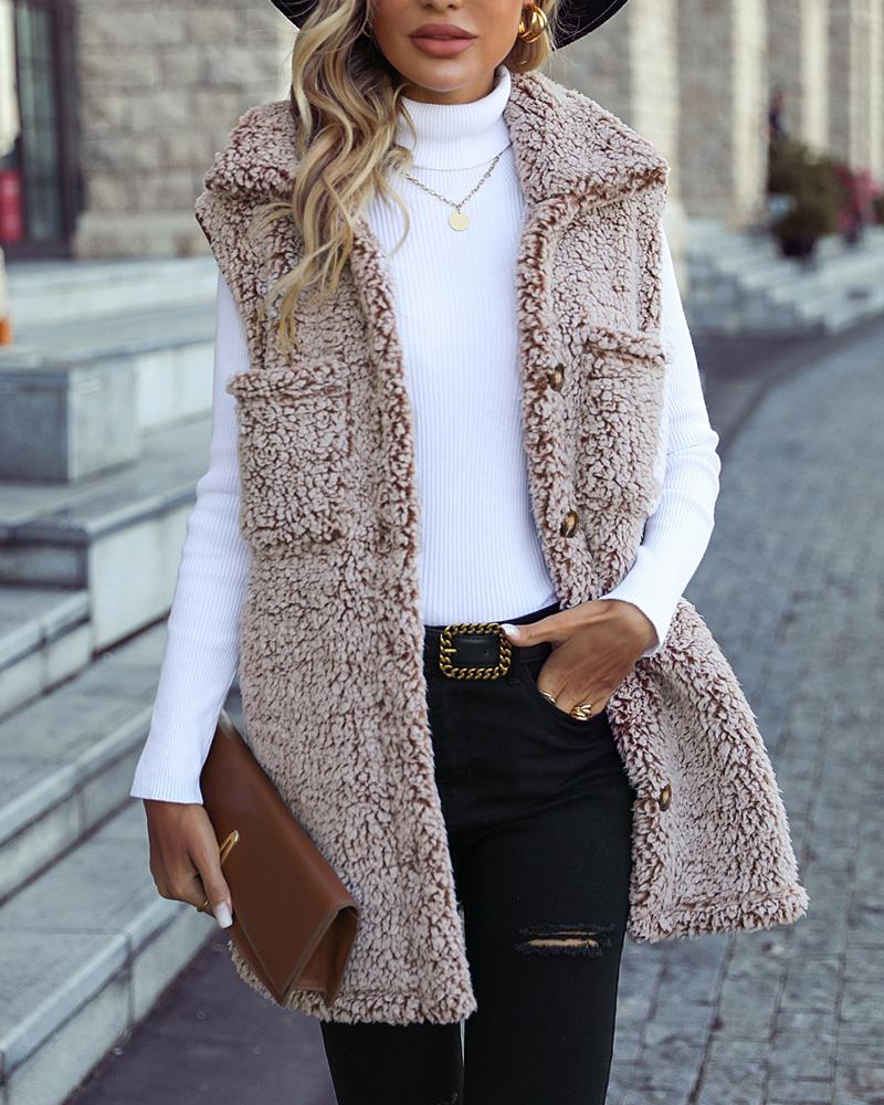 

Button Front Warm Fleece Teddy Vest Coat, Coffee