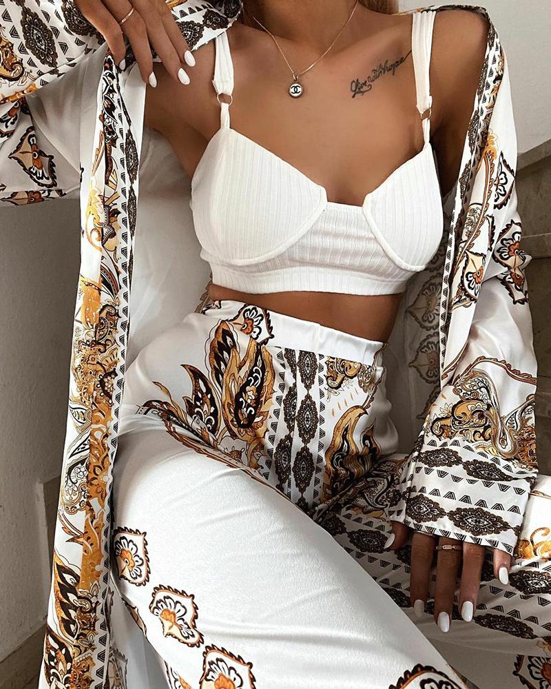 

Paisley Print Open Front Tunic Blouse & Wide Leg Pants Set, White